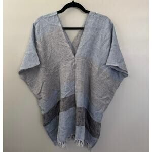 Lemlem Tebiki Striped Merino Wool Blend Poncho in Blue/Gray SZ M
